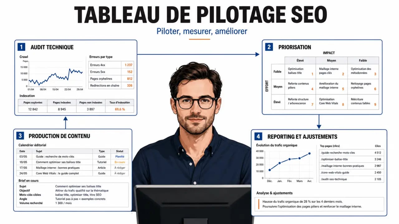 Gestion de projet SEO : schéma des étapes audit, priorisation, production et reporting