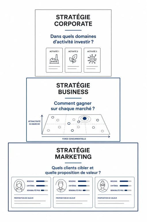 Infographie corporate stratégie montrant la hiérarchie entre corporate, business et marketing