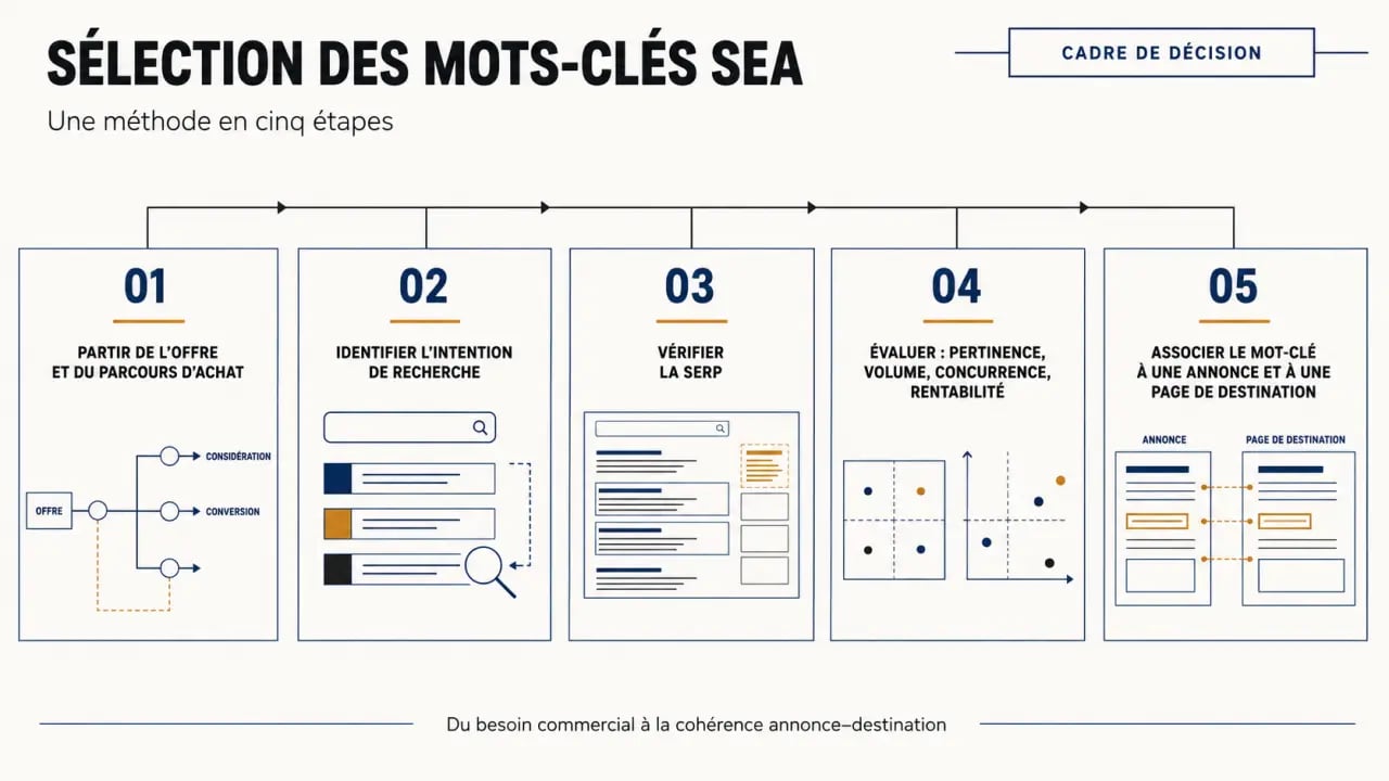 Méthode de sélection des mots-clés SEA selon l’intention, la pertinence, le volume et la concurrence