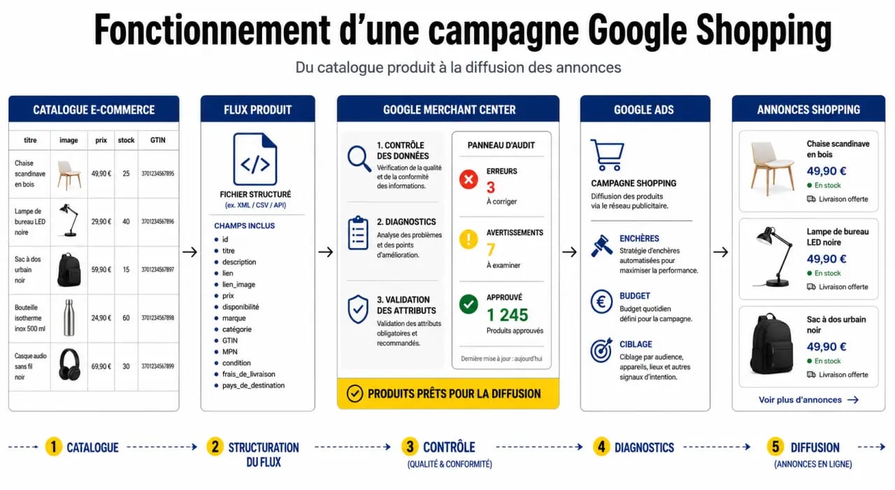 Schéma de campagne google shopping montrant le flux produit, Merchant Center et Google Ads vers les annonces.