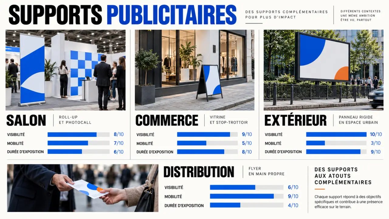 Supports publicitaires comparés selon leur lieu d’utilisation, leur mobilité et leur visibilité