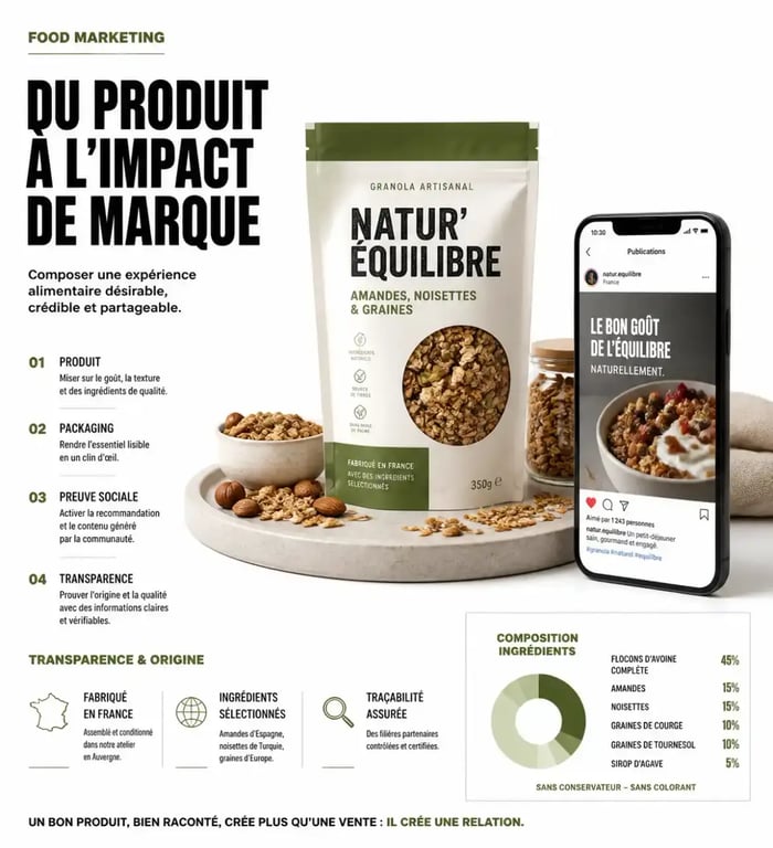 Food marketing : composition éditoriale montrant packaging, réseaux sociaux et codes sensoriels