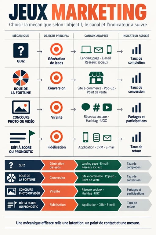Infographie des jeux marketing et de leurs mécaniques, objectifs, canaux et indicateurs