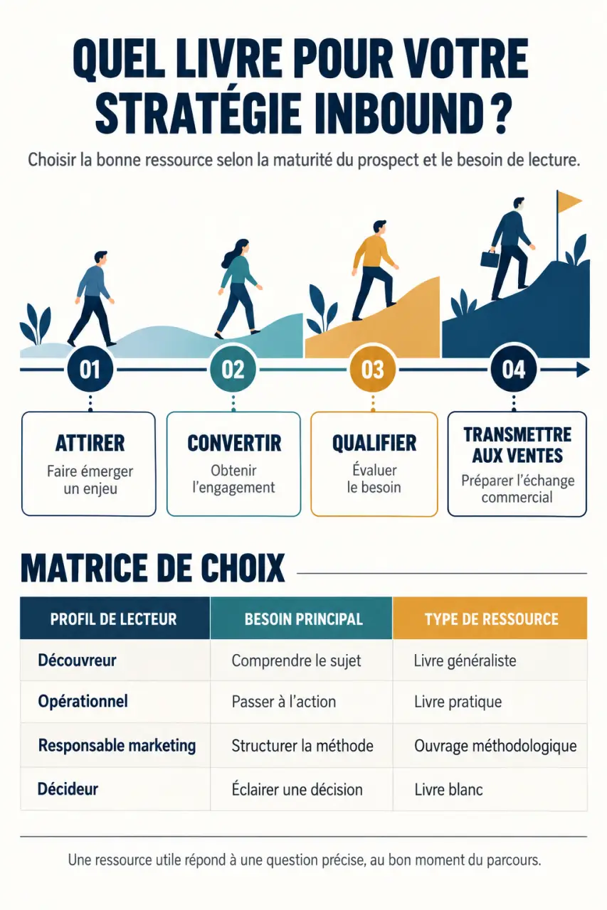 Infographie pour choisir un livre inbound marketing selon le profil du lecteur et son besoin