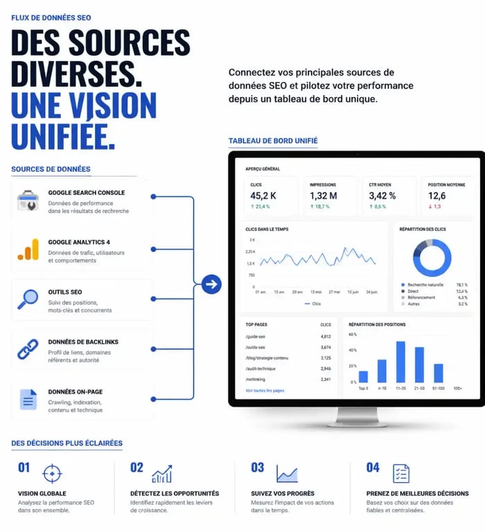 Schéma conceptuel d'une formation automatisation SEO à Nice illustrant l'interconnexion des outils