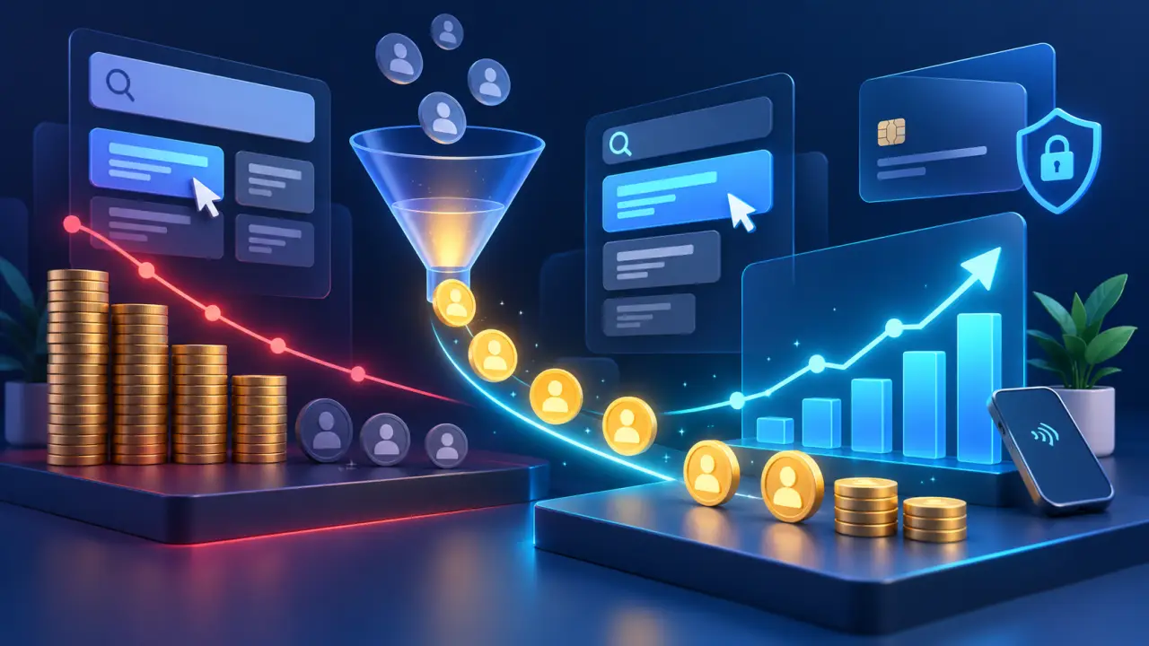 Tableau de bord Google Ads illustrant la baisse du CPA d'une fintech