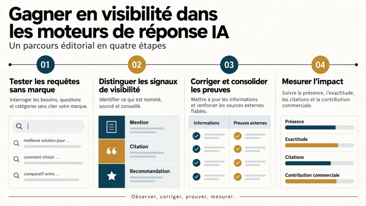 Schéma des étapes pour améliorer la visibilité d’une marque dans les moteurs de réponse IA