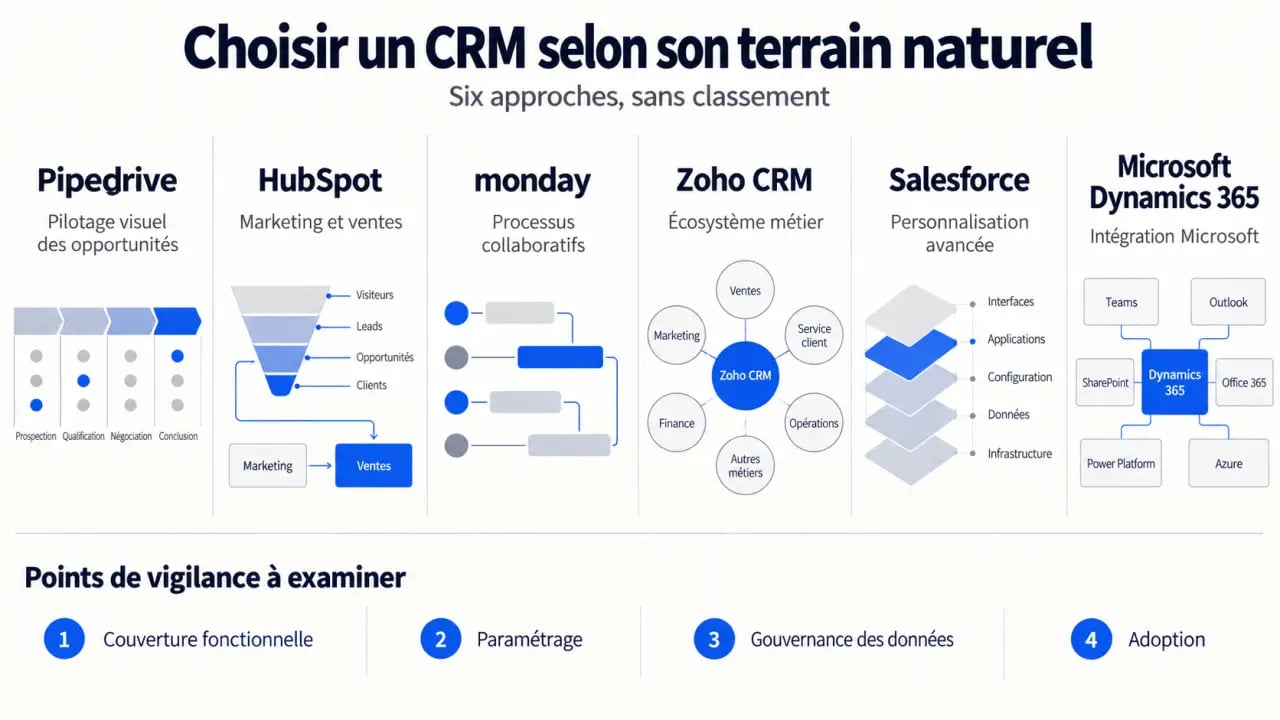 Comparaison Pipedrive HubSpot monday Zoho CRM Salesforce Microsoft Dynamics 365 selon leurs usages CRM