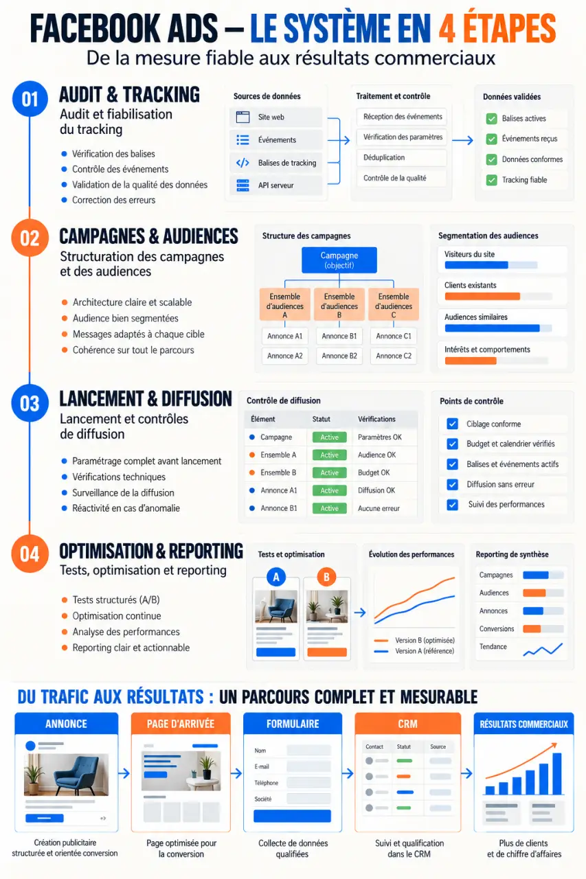 Infographie sur la méthode d'une agence Facebook Ads, du tracking au reporting