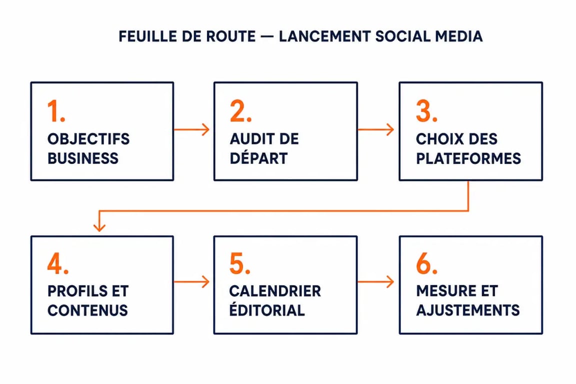 Réseaux sociaux stratégie de lancement : feuille de route en 6 étapes pour choisir les plateformes et suivre les KPI