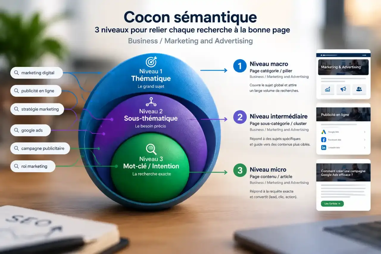 Cocon sémantique : 3 niveaux pour relier chaque recherche à la bonne page