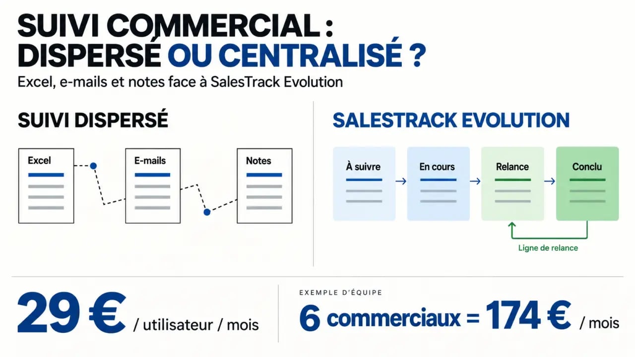 Logiciel CRM SalesTrack Evolution avis : comparaison visuelle entre suivi Excel dispersé et CRM centralisé à 29 euros par utilisateur