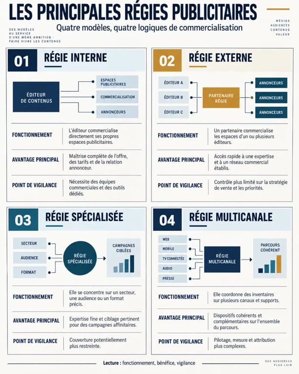 Infographie des différents types de régies publicitaires et de leurs caractéristiques