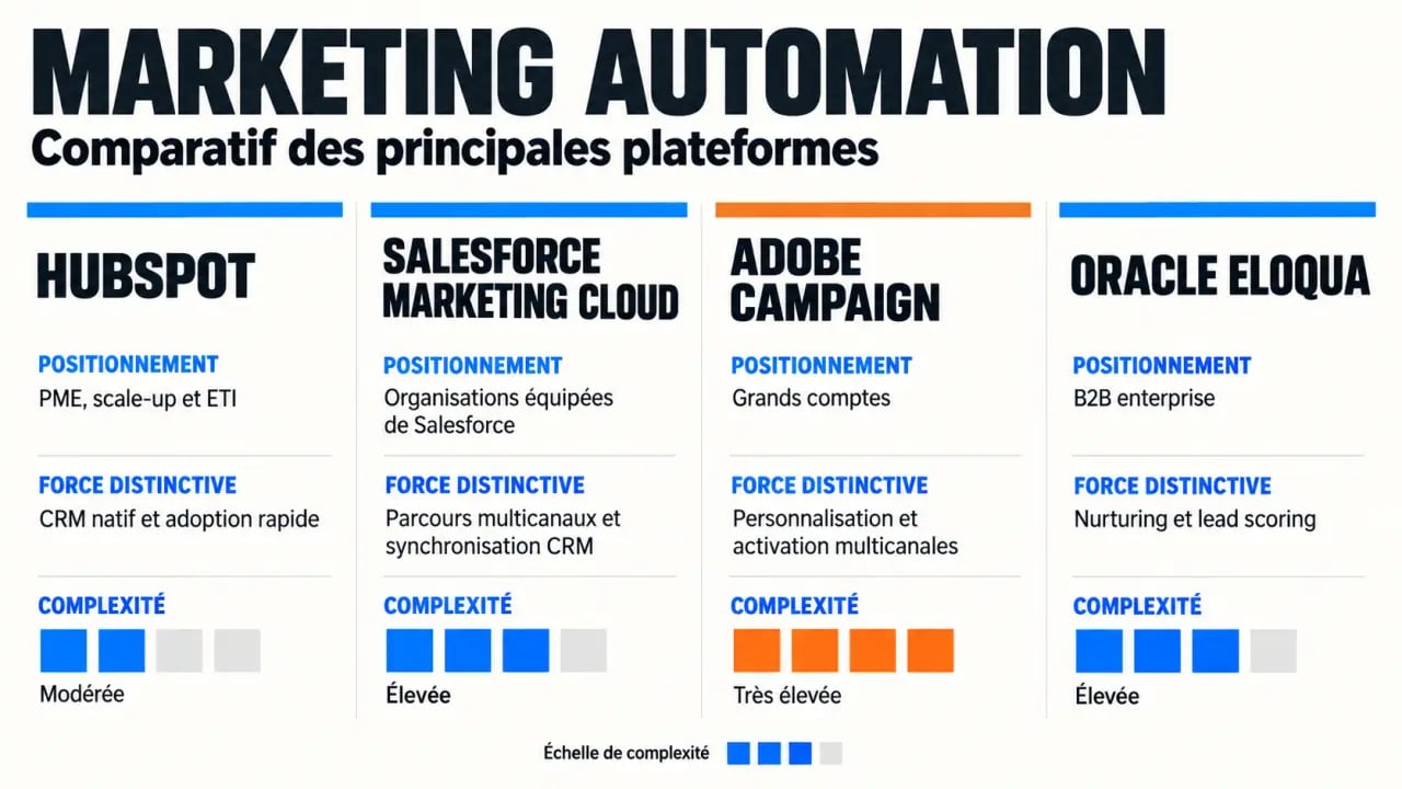 Comparaison HubSpot Salesforce Marketing Cloud Adobe Campaign Oracle Eloqua selon le positionnement et la complexité