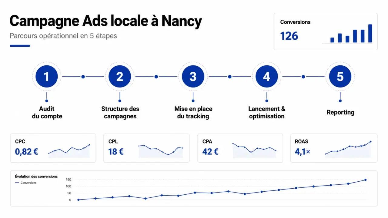 campagne google ads nancy : schéma éditorial du processus d’optimisation et des KPI