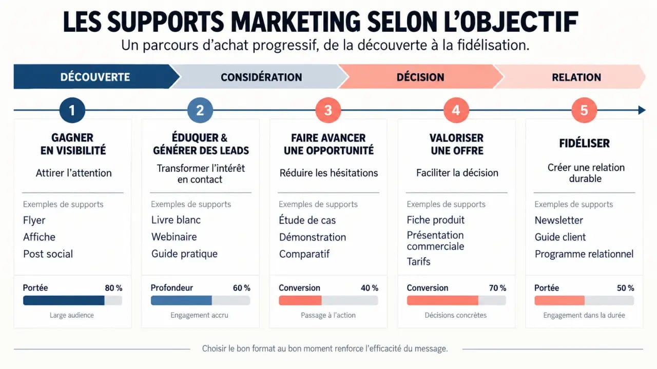 Supports marketing classés par objectif et étape du parcours d’achat