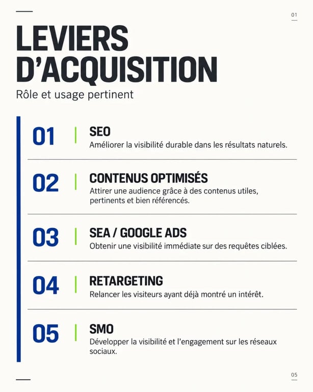 Agence SEO Caen : infographie des leviers SEO, contenus, SEA et retargeting