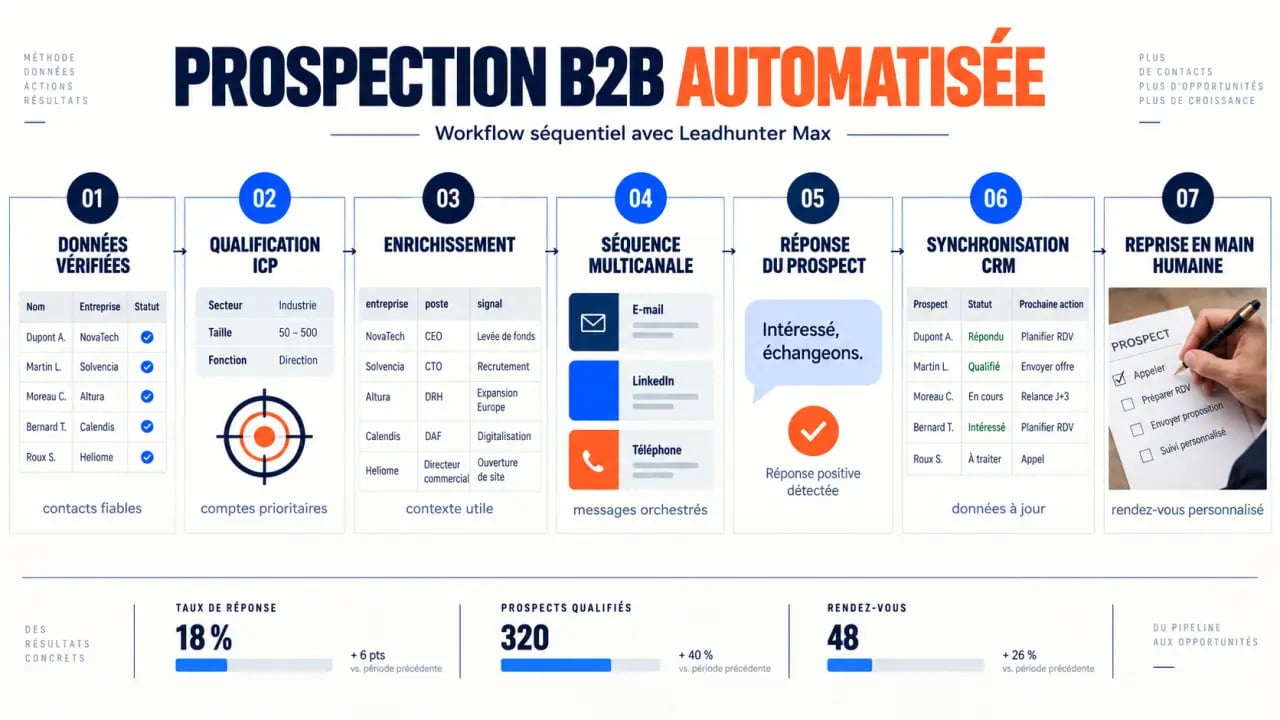 Workflow de prospection automatisée avec Leadhunter Max, du ciblage au CRM