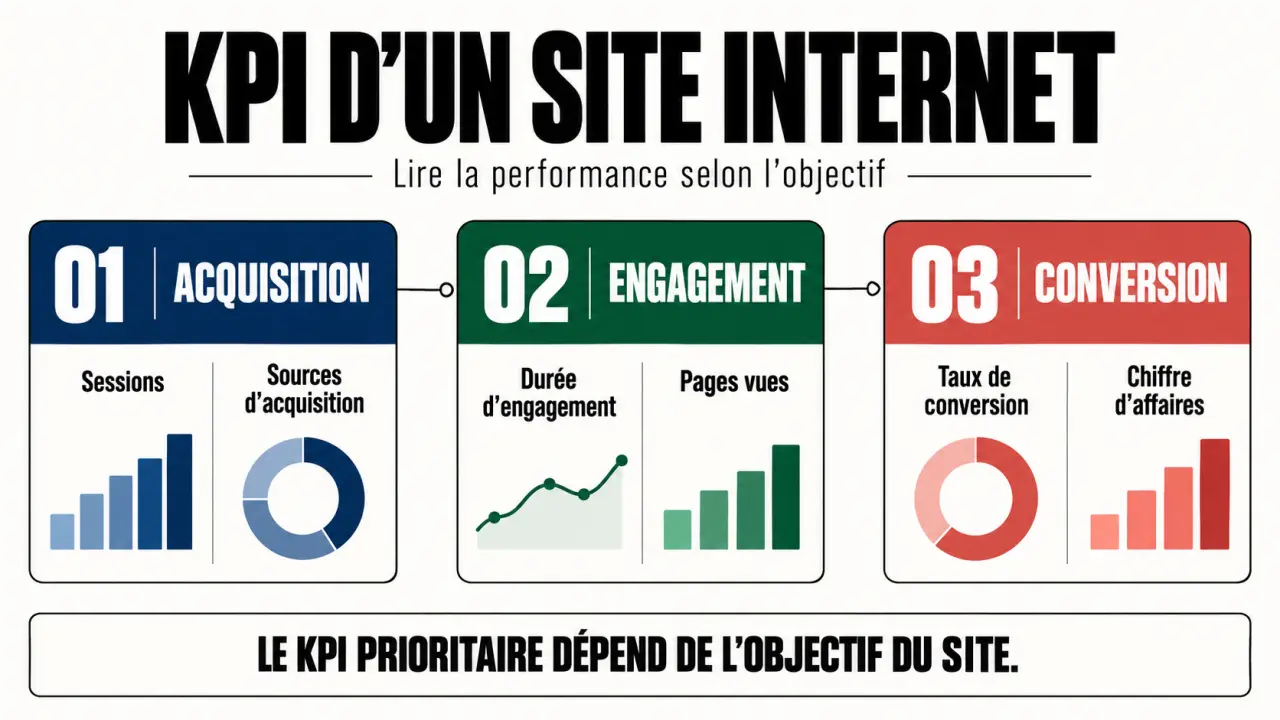 Infographie des principaux KPI d’un site internet de l’acquisition à la conversion