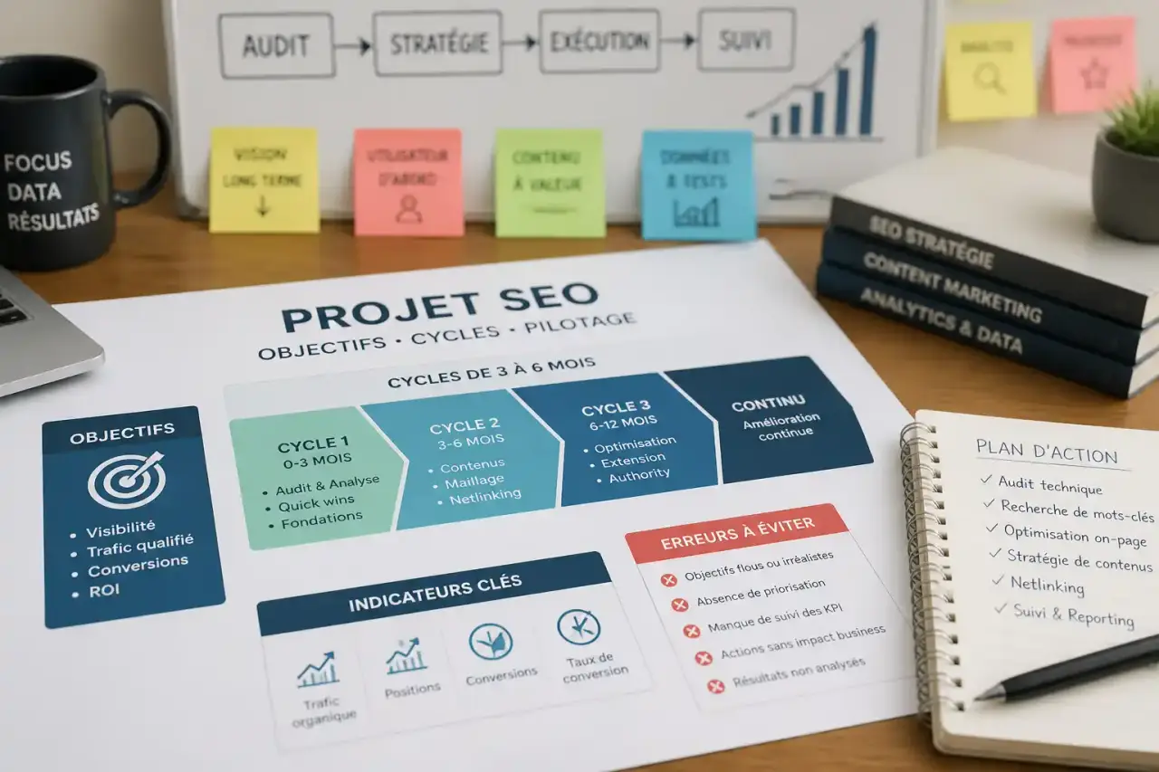 Gestion de projet SEO : cadrer les objectifs, structurer les cycles de 3 à 6 mois et éviter les erreurs de pilotage