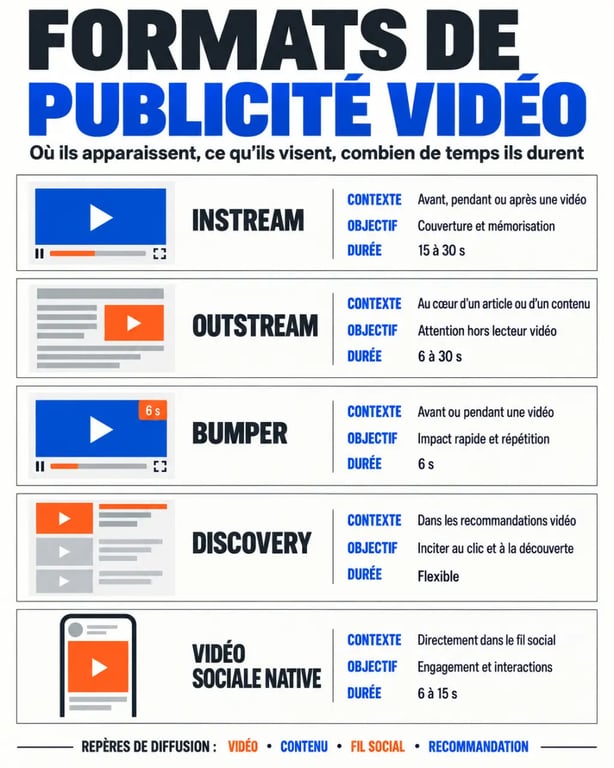 Infographie comparative des formats de publicité vidéo InStream, OutStream, bumper et vidéo sociale