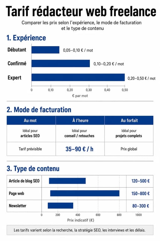 Tarif rédacteur web freelance : infographie des prix selon l’expérience, le mode de facturation et le type de contenu