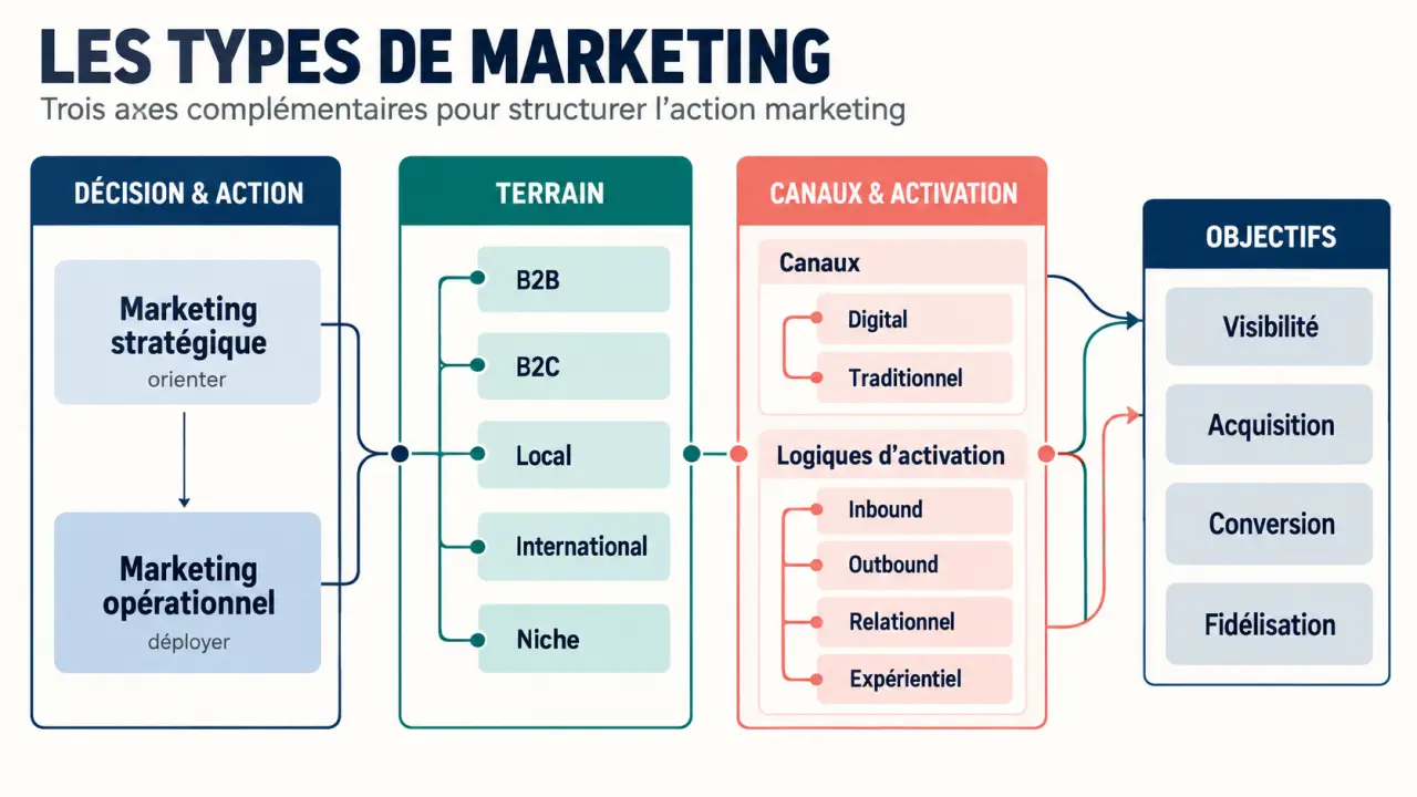Types de marketing classés par objectifs, terrain, canaux et relation client