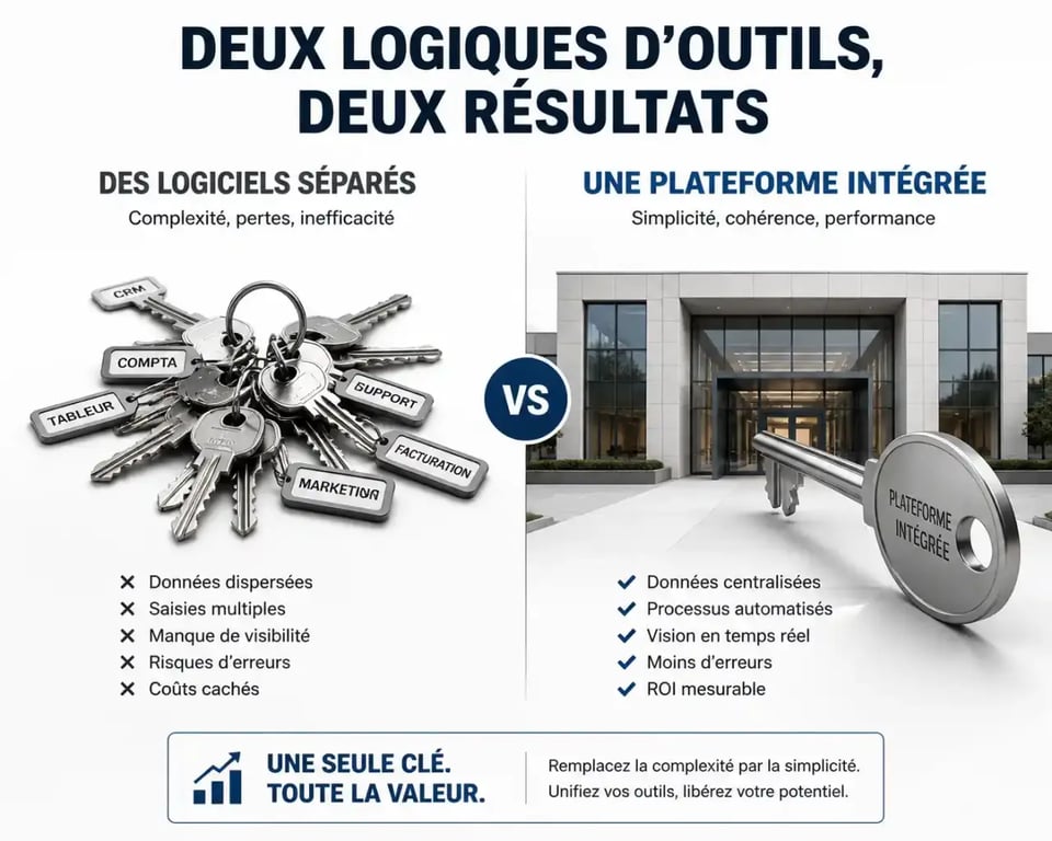 Métaphore visuelle systeme io saas plateforme intégrée versus outils séparés