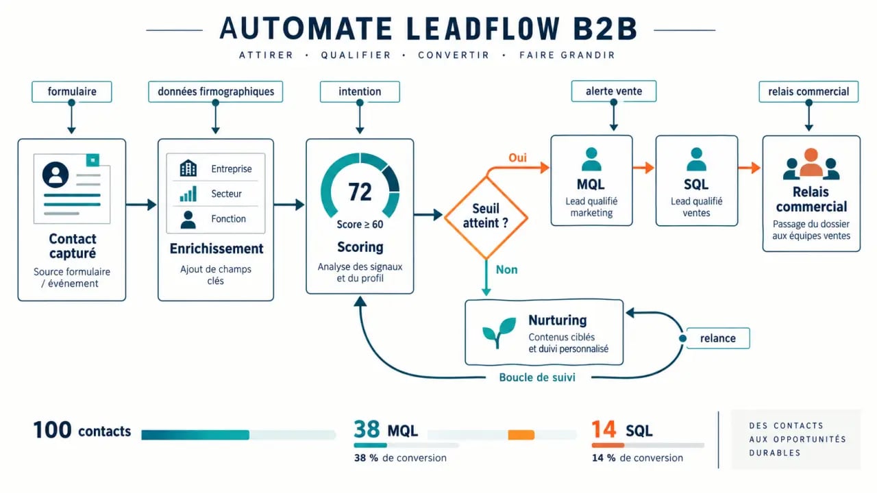 Configuration d’un automate marketing leadflow, du contact capturé au transfert vers les ventes