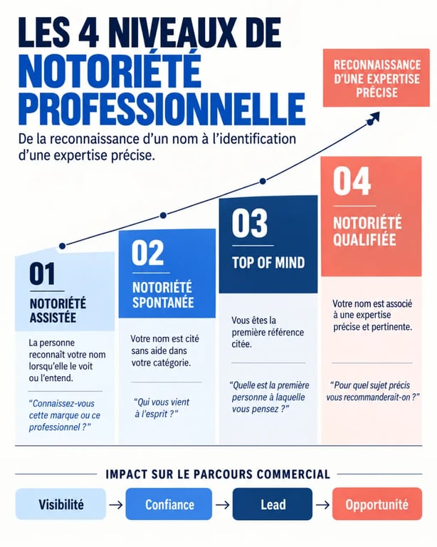 Infographie sur la stratégie de notoriété pro Paris et les quatre niveaux de notoriété